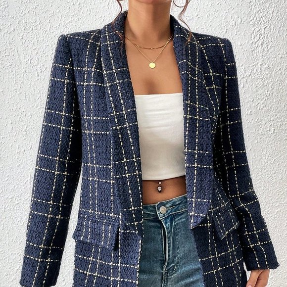 Blue Casual Womens Houndstooth Print Open Front Blazer - Picture 4 of 5